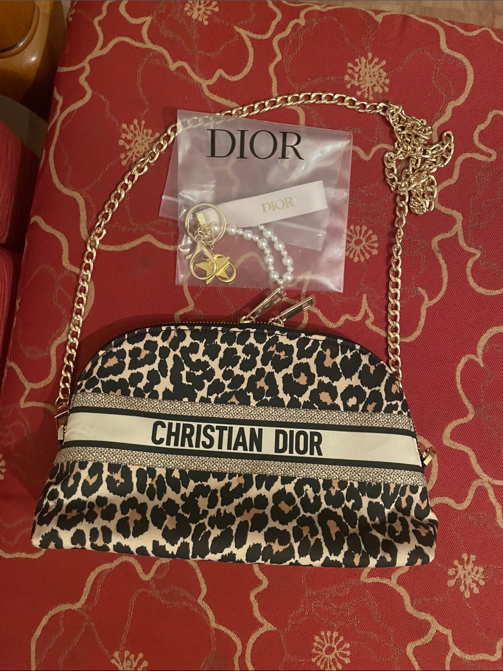 Dior Leopard-Print Crossbody with Gold Chain and Black Trim plus keychain